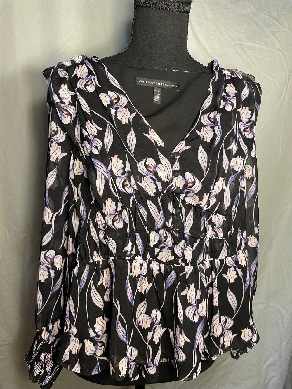 White House Black Market Black Floral V-Neck Peplum Blouse